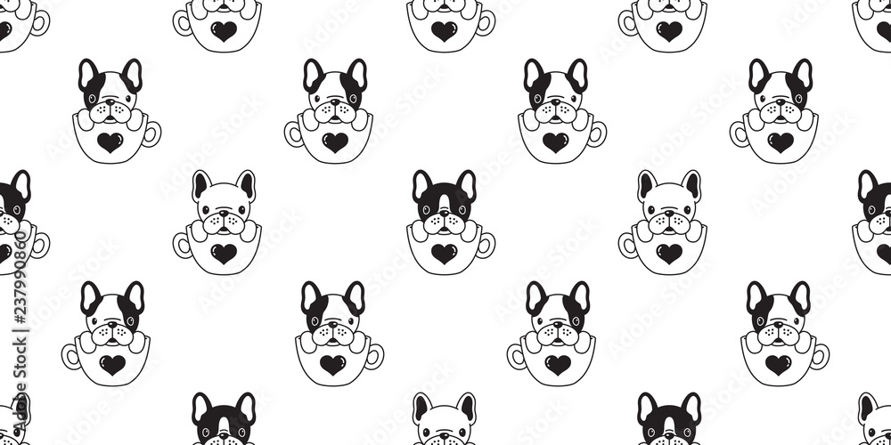 Obraz premium Dog seamless pattern vector french bulldog pug isolated cup heart valentine background wallpaper doodle
