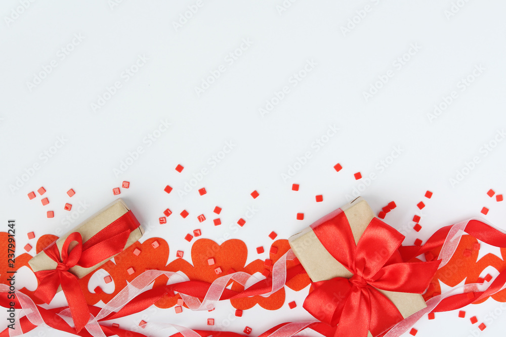 Background wit red ribbon and bright hearts for Valentine day decoration Background wit red ribbon and bright hearts for Valentine day decoration