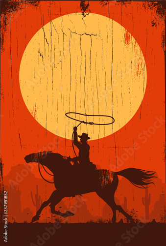 Silhouette of a cowboy riding horse at sunset on a wooden sign, vector