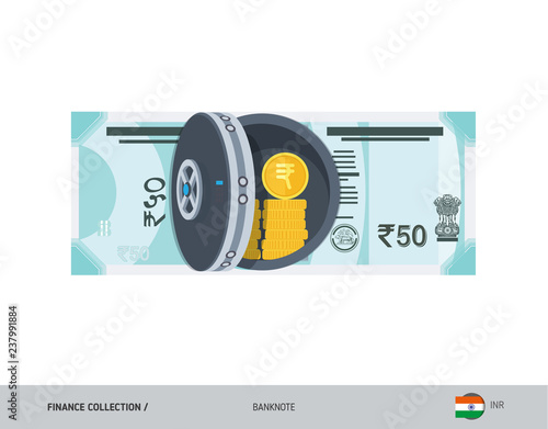 Bank safe with 50 Indian Rupee Banknote. Flat style vector illustration. Safe money concept.