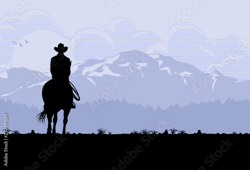 Silhouette of lonesome cowboy riding horse at sunset, Vector Illustration