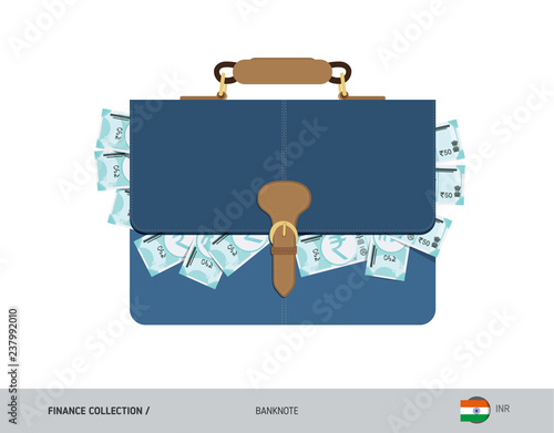 Leather briefcase with 50 Indian Rupee Banknotes. Flat style vector illustration. Salary payout or corruption concept.