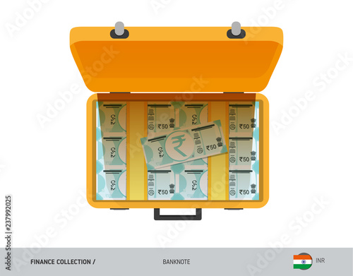Yellow case with 50 Indian Rupee Banknotes. Flat style vector illustration. Salary payout or corruption concept.