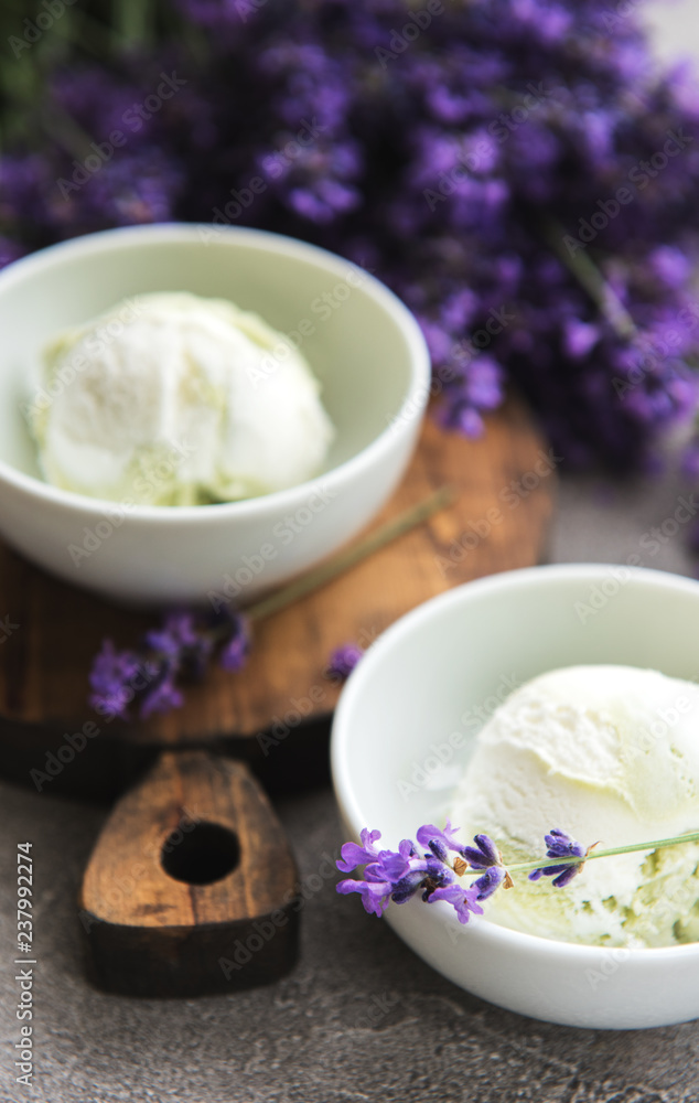 Ice cream and lavender flowers Ice cream and lavender flowers