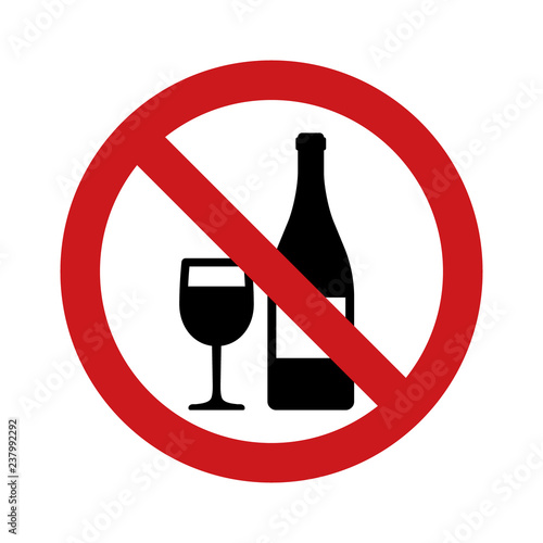 No drinking alcohol or wine with red banned sign and wineglass and bottle flat vector icon