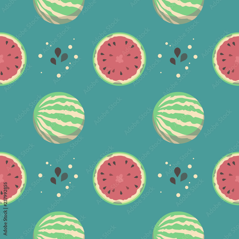 Teal seamless cartoon stye summer pattern with full and half water melons and seeds Teal seamless cartoon stye summer pattern with full and half water melons and seeds