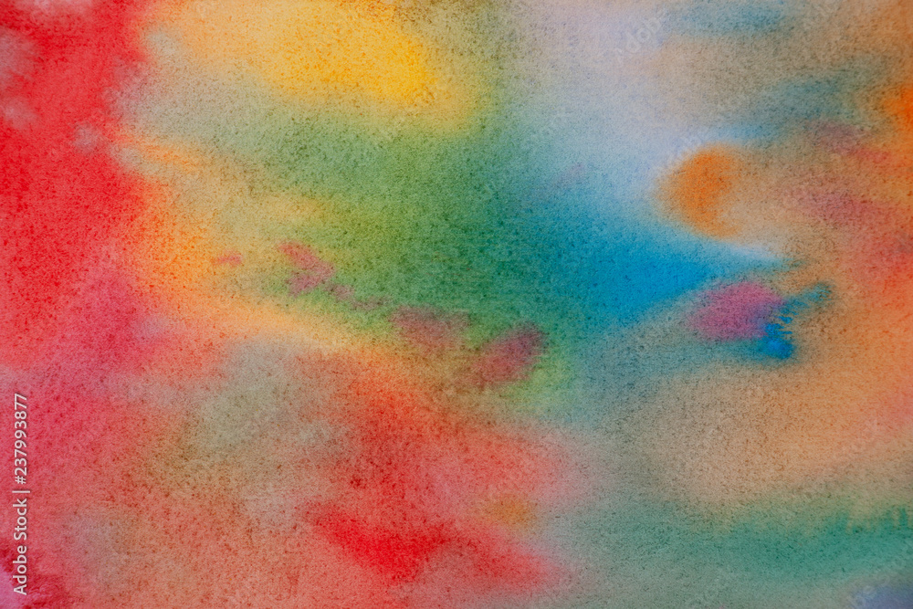 Bright watercolor abstract background. Bright watercolor paints create a textural background for design. Multicolored spots made in wet style.