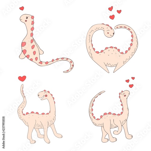 Set of cute dinosaurs, vector doodles, isolated character on the white background, emotional dino is falling in love, sweetheart funny girl, children`s illustration, Valentine's Day