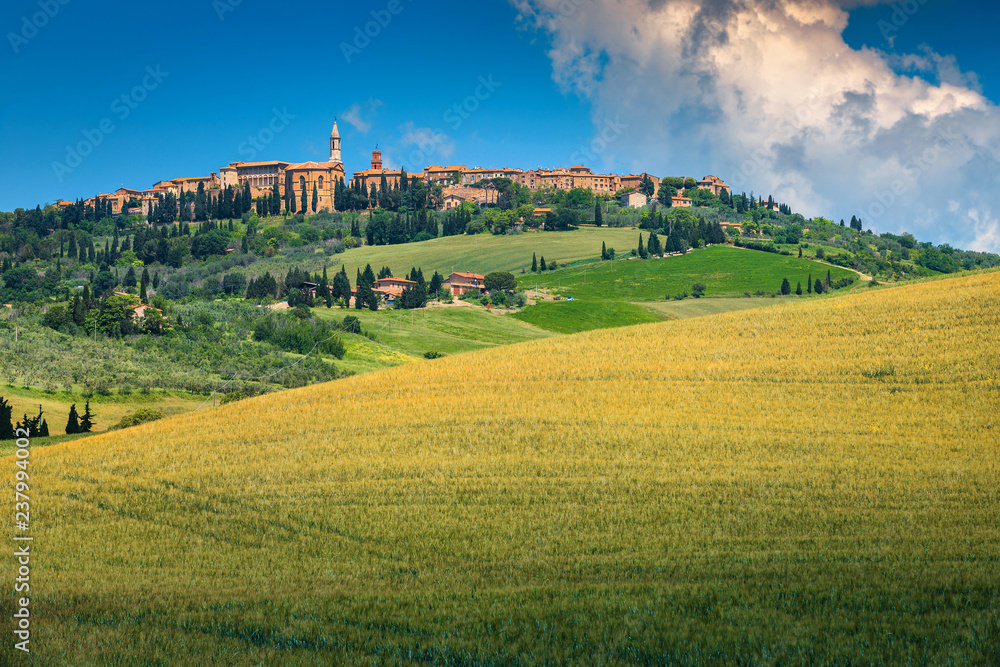 Spectacular Tuscany cityscape and grain fields, Pienza, Italy, Europe