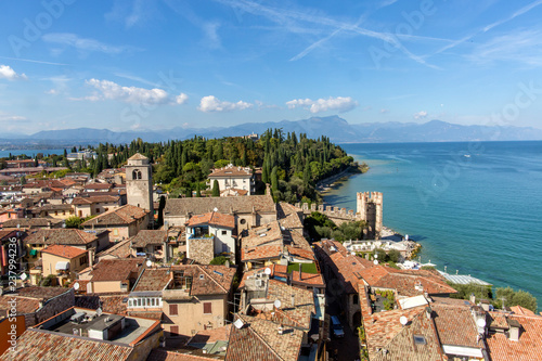 Sirmione panoramic view. Panoramic aerial view on historical town Sirmione on peninsula in Garda lake, Lombardy, Italy