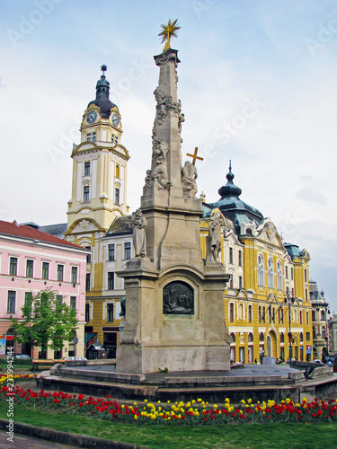 Szechenyi Square in Pecs with mosque-church museum and holy trinity statue, Southern Hungary