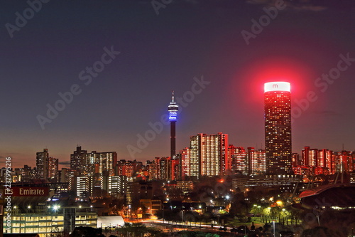 JOHANNESBURG, SOUTH AFRICA - June 17, 2017: Sunset view of the Johannesburg city skyline including the Ponte and Hillbrow Towers.