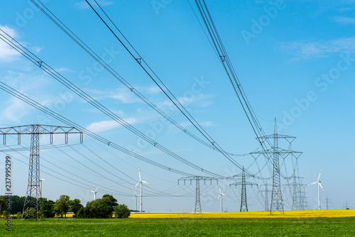Power lines and wind turbines seen in Germany