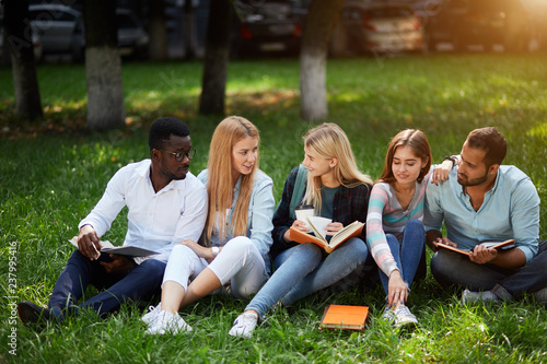Outdoor portrait of group of young mixed-race diverse students sitting together on green lawn reading their notes about their life at university campus