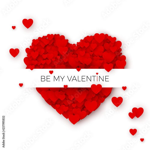 Happy Valentine`s day greeting card cover template. Heart frame with label. Holiday decoration element. Heart consisting of a multitude of hearts with space for text. Vector illustration