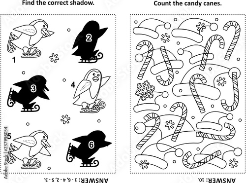 Two visual puzzles and coloring page for kids. Find the shadow for each picture of skating penguins . Count the candy cames. Black and white. Answers included.
