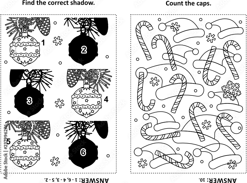 Two visual puzzles and coloring page for kids. Find the shadow for each