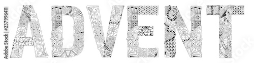 Word ADVENT for coloring. Vector decorative zentangle object