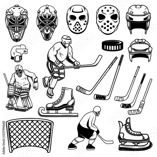 Set of hockey design elements. Players, goalkeeper, hockey sticks, ice skates. For logo, label, emblem, sign.