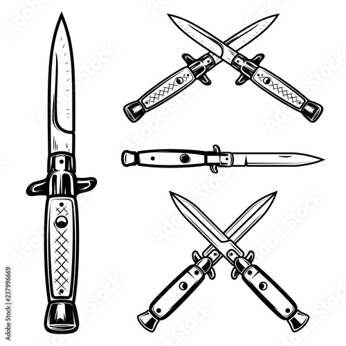 Set of flick knives. Design element for logo, label, emblem, sign.