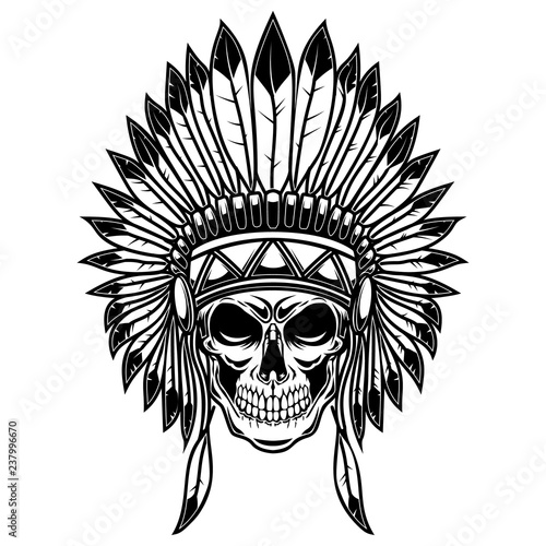 Skull in native american indians headdress. Design element for poster, card, banner, sign, t shirt.