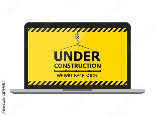 Under construction website page with black and yellow striped borders vector illustration. Border stripe web, warning banner