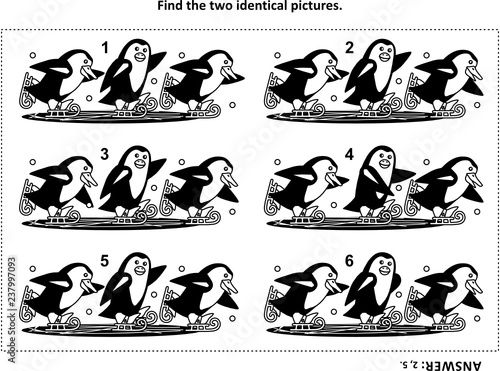 IQ training visual puzzle and coloring page with skating penguins: Find the two identical images. Answer included.
