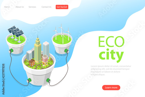 Flat isometric vector landing page template of eco city, solar panels, windmills, alternative green energy, wind turbines.