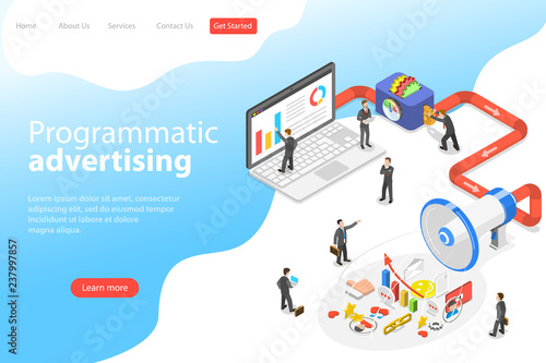 Flat isometric vector landing page template of programmatic advertising, social media campaign. photo