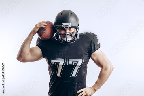 Professional rugby player sportsman with headgear, defence and equipment, close up