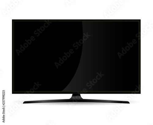 Black full hd tv set monitor with flat wide screen. Electronic led display device for web presentation. HQ vector illustration for advertising.