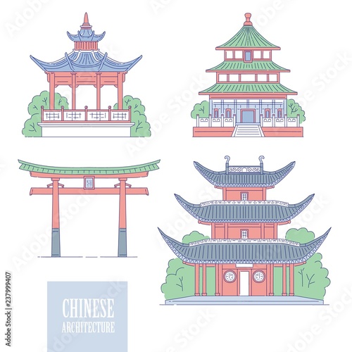 Chinese architectural landmarks. Oriental architecture line art gate pagoda and gazebo. Vector set different traditional national buildings of China.