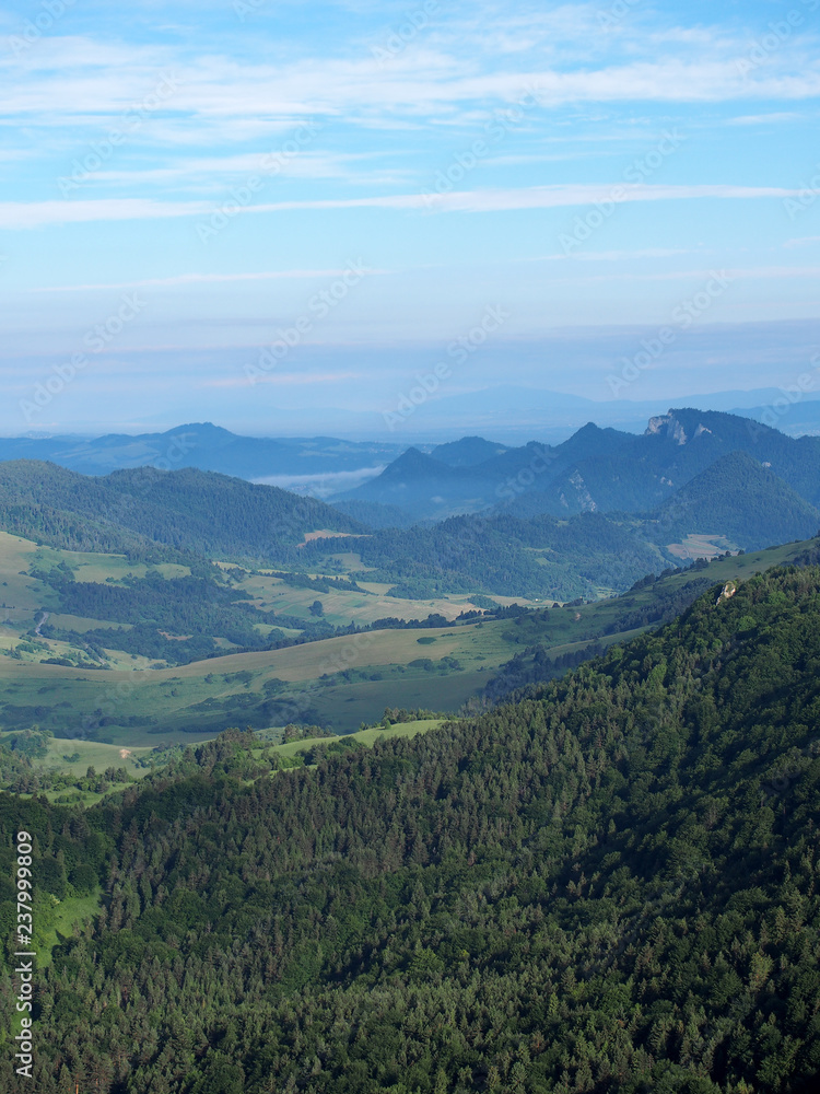 View of Three Crowns Massif. Pieniny, Poland, Slovakia. View from mountain Wysoka (Vysoké Skalky).