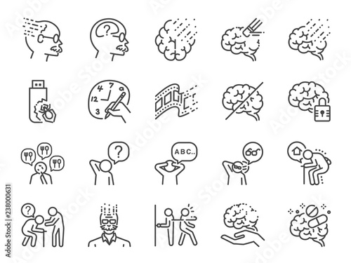 Alzheimer's & Brain Awareness line icon set. Included the icons as Alzheimer, brain disease, Savant syndrome, mental disabilities, Down syndrome and more.