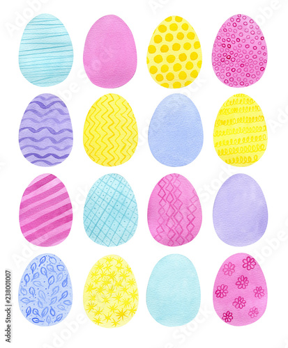 Watercolor blue hand drawn Easter eggs with ornament. Isolated on white background