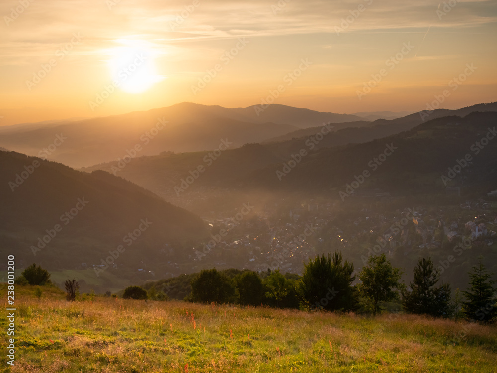 Szczawnica Town in Valley at Sunset. Pieniny Mountains in summer. View from Jarmutka Mount.