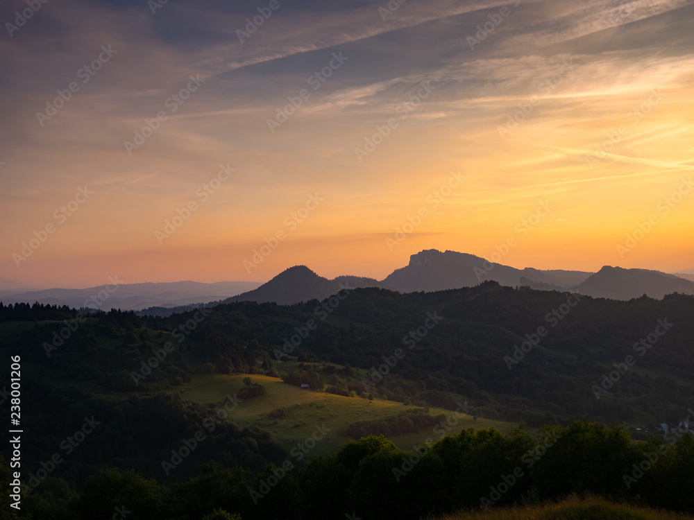 Three Crowns Massif at Sunset. Pieniny Mountains in summer. View from Jarmuta Mount.