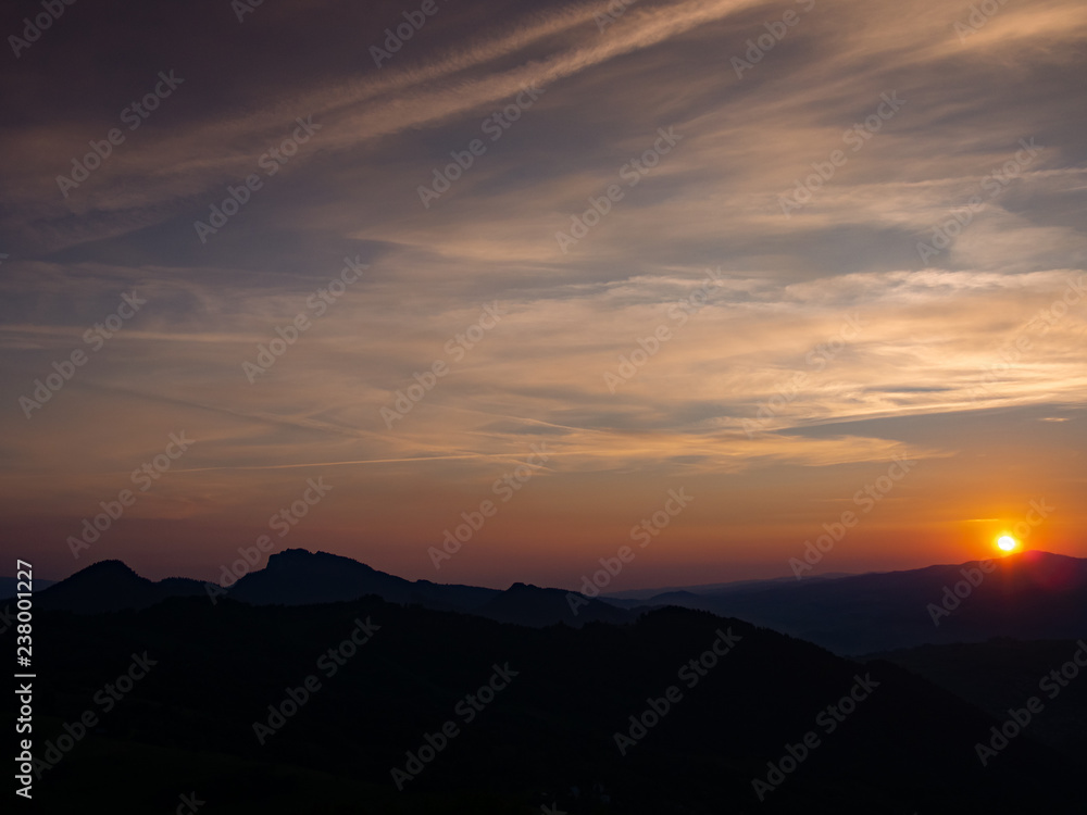 Sunset over Western Beskids. View of Gorce Mountains, Luban Mount. Three Crowns Massif on left. View from Mount Jarmuta, Pieniny, Poland.