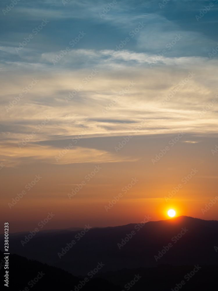 Sunset over Western Beskids. View of Gorce Mountains, Luban Mount. View from Mount Jarmutka, Pieniny, Poland.