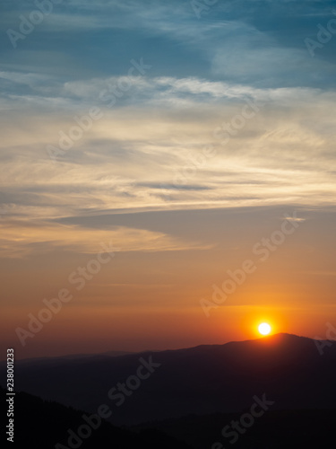 Sunset over Western Beskids. View of Gorce Mountains, Luban Mount. View from Mount Jarmutka, Pieniny, Poland. © ffolas