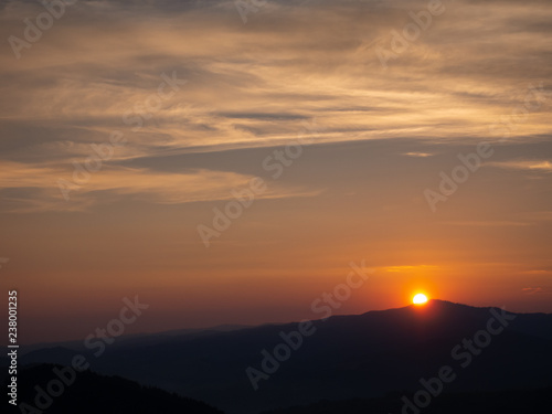 Western Beskids at Sunset. Gorce Mountains and Mount Luban. View from Mount Jarmutka  Pieniny  Poland.