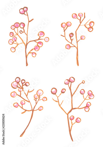 Set of four small branches with cute pale pink berries. Nature illustration painted in watercolor on clean white background 