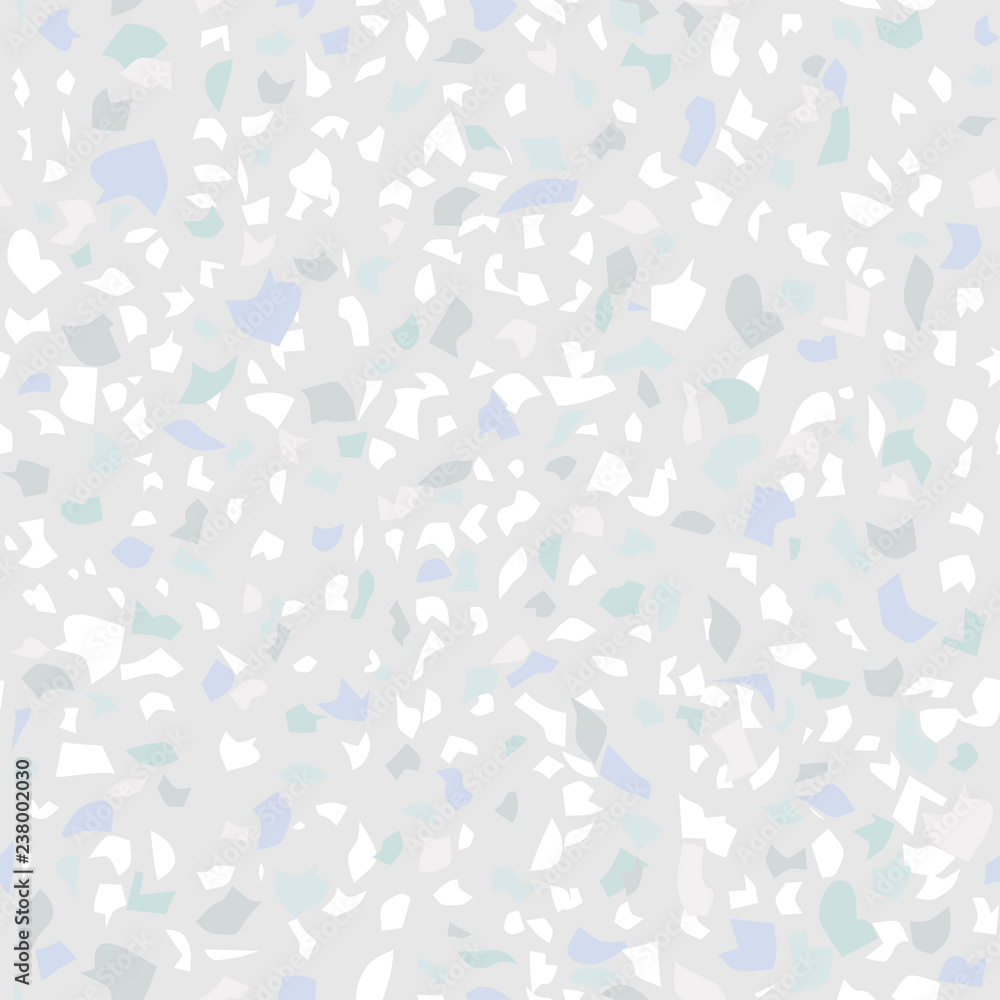 Vector seamless terrazzo pattern. Marble mosaic flooring with natural stones, granite, concrete. Light grey and blue background, natural pastel colors