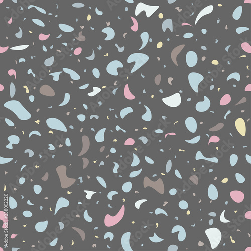Vector seamless terrazzo pattern. Marble mosaic flooring with natural stones, granite, concrete. Grey background, white, pink, white, blue chips