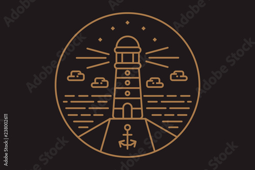 Line style logotype template with lighthouse. Isolated on background and easy to use. Lighthouse on horizon. Clean and minimalistic symbol. Travel concept.