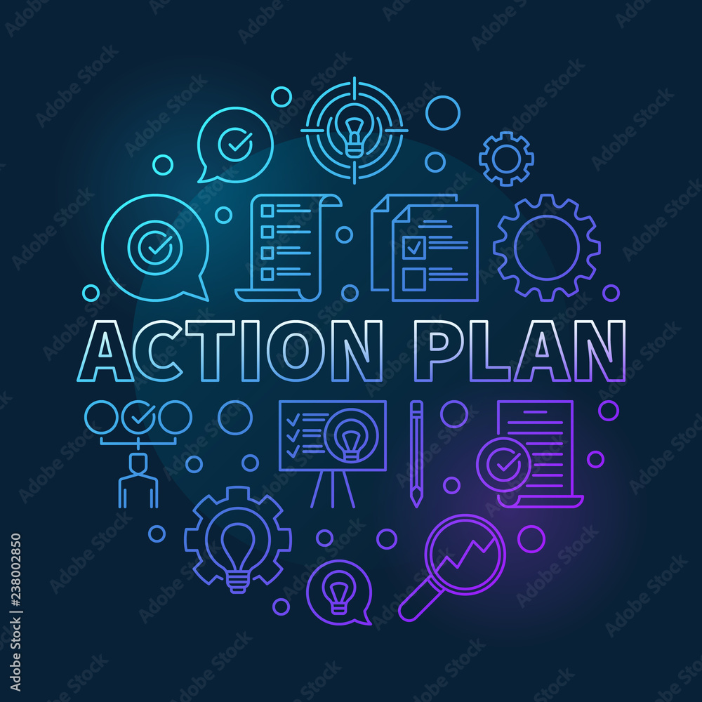 Action Plan vector round blue modern outline illustration on dark background Action Plan vector round blue modern outline illustration on dark background