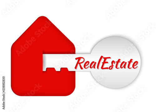 icon under the logo, real estate, house and key in paper volumetric style,