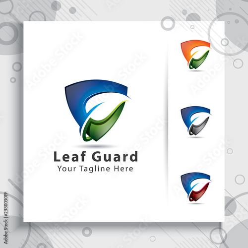 3d leaf guard vector logo design with narute modern style , illustration of shield with leaf concept for technology security company. photo
