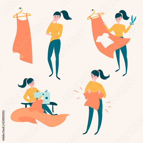 Young girl recycling cloth, using sewing machine. Woman cut with scissors new t-shirt from an old dress. Illustration of textile recycling. Concept of reducing waste. Vector cartoon