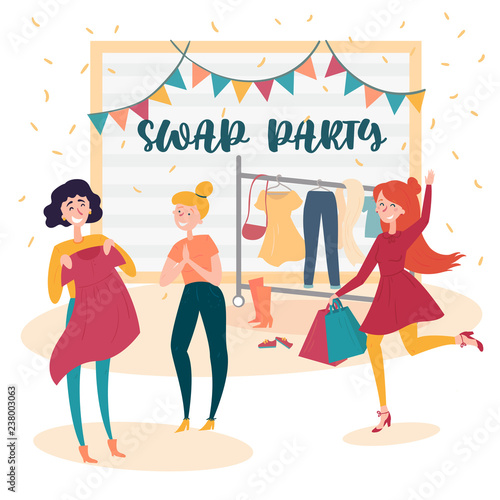 Three young social and eco responsible girls at fashion swap party. Reduce and reuse concept. Idea of exchange your old wardrobe for new. Eco-friendly cloth exchange. Vector cartoon style illustration